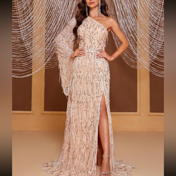 Luxe one shoulder slit thigh party prom wedding holidays sequins dress - Picture 4 of 6
